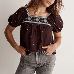 Embroidered Crinkle Cotton Bubble-Sleeve Top Spiced Raisin
